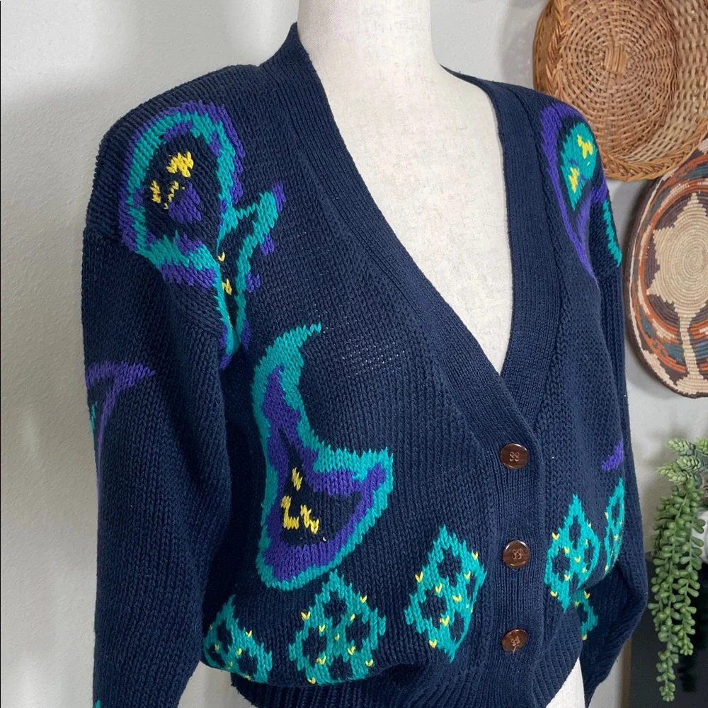Vintage 90’s V-Neck Sweater Button up Cardigan Navy Teal Purple Size Small - Picture 2 of 15